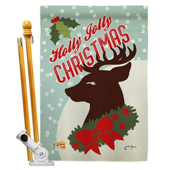 Breeze Decor BD-XM-HS-114197-IP-BO-D-US18-WA 28 x 40 in. Holly Jolly Christmas Winter Impressions Decorative Vertical Double Sided House Flag Set & Pole Bracket Hardware