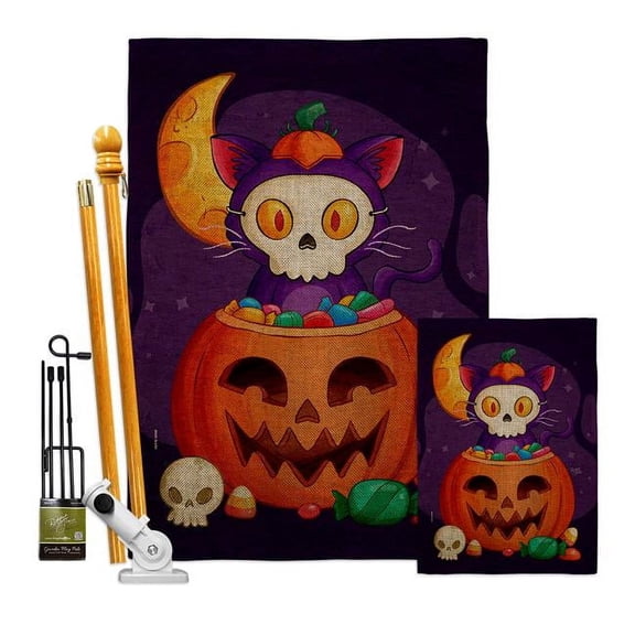 Breeze Decor FK120261-DB Sneaky Cat Falltime Halloween 28 x 40 in. Double-Sided Decorative Vertical House Flags Kit for Decoration Banner Garden Yard Gift