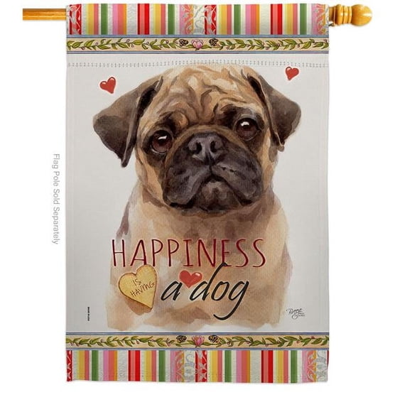 Breeze Decor H110266-BO Fawn Pug Happiness Animals Dog 28 x 40 in. Double-Sided Decorative Vertical House Flags for Decoration Banner Garden Yard Gift