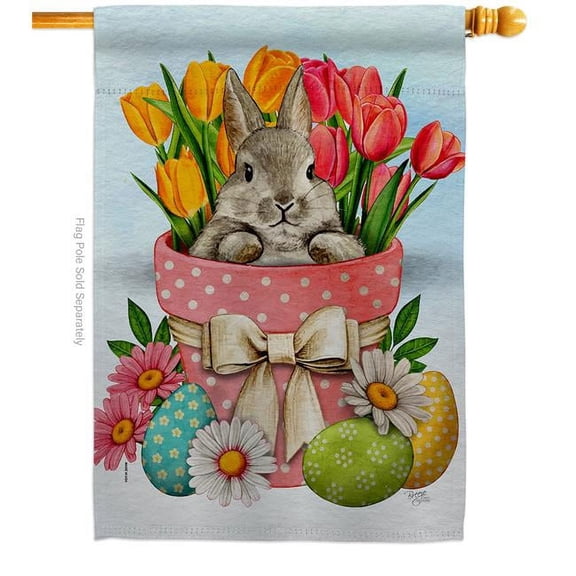 Breeze Decor H120083-BO 28 x 40 in. Bunny with Tulips Springtime easter Vertical House Flag with Double-Sided Decorative Banner Garden Yard Gift