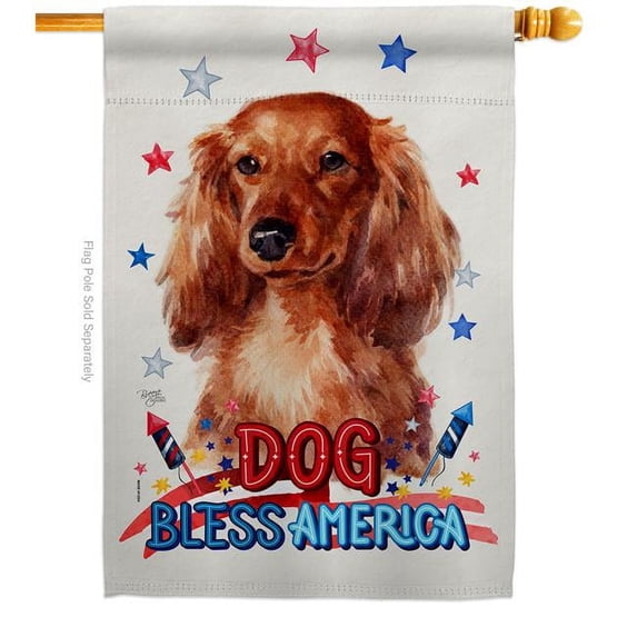 Breeze Decor H120134-BO Patriotic Long Hair Dachshund Animals Dog 28 x 40 in. Double-Sided Decorative Vertical House Flag for Decoration Banner Garden Yard Gift