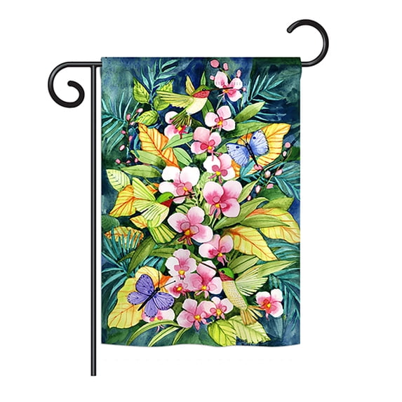 Breeze Decor - Orchids And Hummingbirds Garden Friends - Everyday Birds Impressions Decorative Vertical Garden Flag 13" x 18.5" Printed In USA