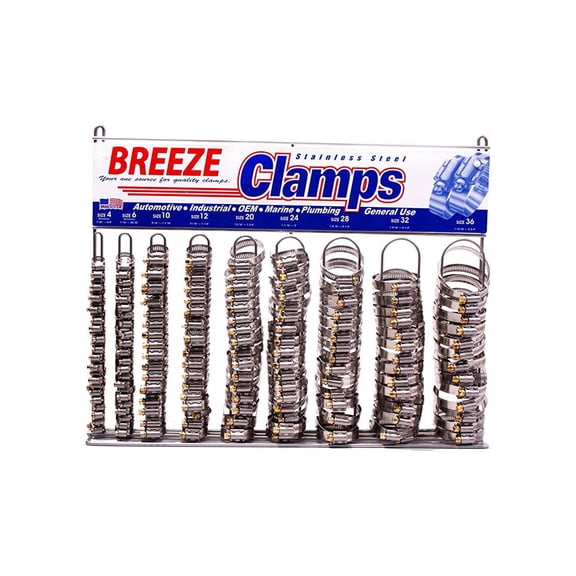 Breeze Hose Clamp Display Assortment, Contains: 200 assorted Automotive Clamps, one 6200 Empty Rack