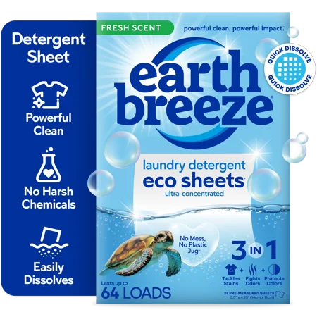 Breeze Laundry Detergent Sheets, Fresh Scent Eco Sheets, 64 Loads, 32 Ct.