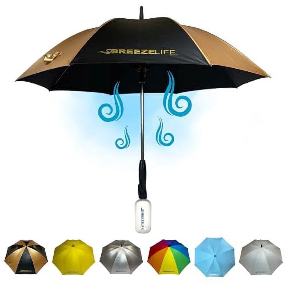 Breeze Life Mister Breeze – UV Sun Umbrella with Built-In Fan & Mister – Blocks 99.9% UVA/UVB Rays – Portable, Battery Powered Cooling Shade for Beach, Festivals, Outdoor Sports – Black & Gold