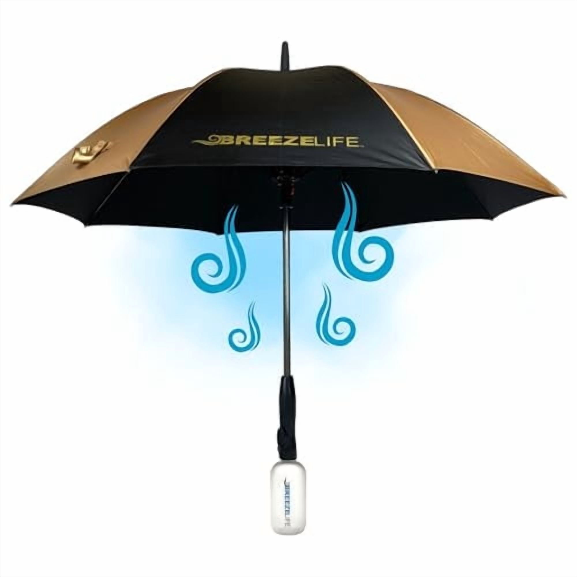 Breeze Life Rechargeable Mister Breeze, Sun Umbrella with Fan and Mister,  For Festivals, Beach and More, Blocks Harmful Sun Rays, Mist bottle included (Black and Gold)