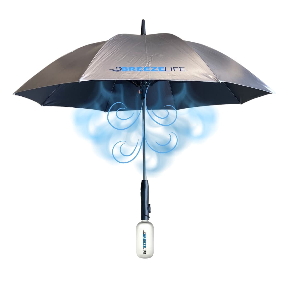 Breeze Life Sun Umbrella with Fan and Mister, Rechargeable UPF 50+ Sunblock Misting UV Umbrella. Perfect UV Sun Protectin for Sports, Golf, Festivals and More. Mister Breeze Gen2 (Silver)