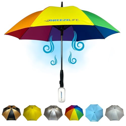 Breeze Life Sun Umbrella with Fan and Mister, Rechargeable UPF 50+ Sunblock Misting UV Umbrella. Perfect UV Sun Protectin for Sports, Golf, Festivals and More. Mister Breeze Gen2 (Rainbow)
