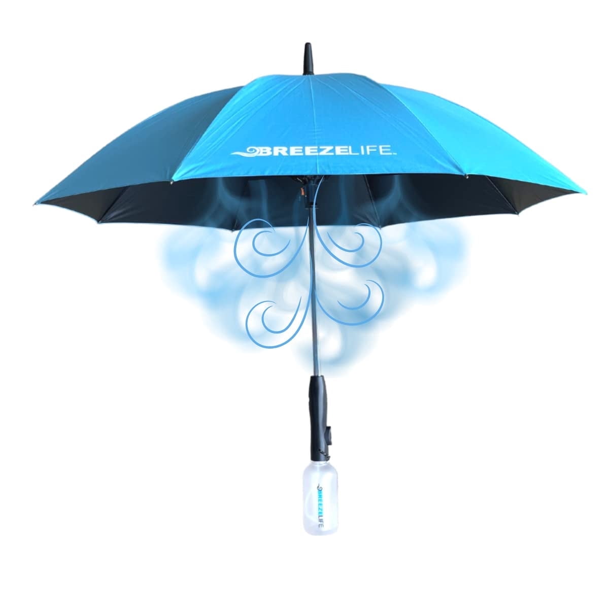 Breeze Life Sun Umbrella with Fan and Mister, Rechargeable UPF 50+ Sunblock Misting UV Umbrella. Perfect UV Sun Protectin for Sports, Golf, Festivals and More. Mister Breeze Gen2 (Blue)