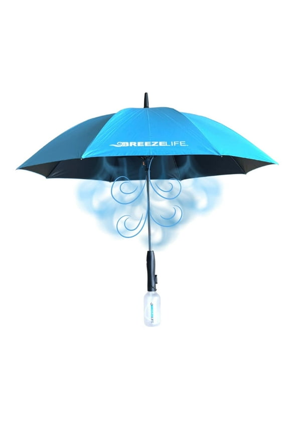 Sun Umbrella with Fan and Mister, Rechargeable UPF 50+ Sunblock Misting UV Umbrella. Perfect UV Sun Protectin for Sports, Golf, Festivals and More. Mister Breeze Gen2 (Blue)