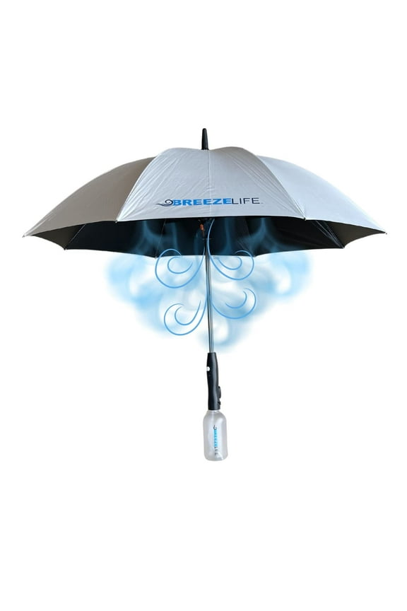 Sun Umbrella with Fan and Mister, Rechargeable UPF 50+ Sunblock Misting UV Umbrella. Perfect UV Sun Protectin for Sports, Golf, Festivals and More. Mister Breeze Gen2 (Gray)