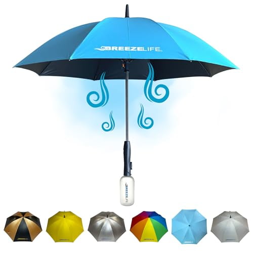 Breeze Life UPF 50+ Sun Umbrella with Built in Fan and Mister System. Perfect Umbrella for Golf, Beach, Festivals, Amusement Parks, Tailgating or anywhere you want to Keep your Cool. (blue)
