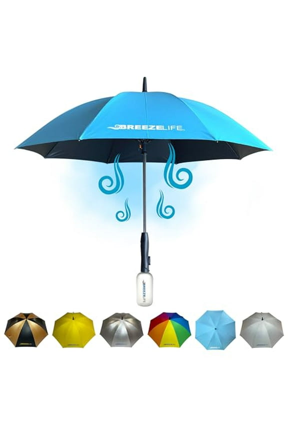 UPF 50+ Sun Umbrella with Built in Fan and Mister System. Perfect Umbrella for Golf, Beach, Festivals, Amusement Parks, Tailgating or anywhere you want to Keep your Cool. (blue)