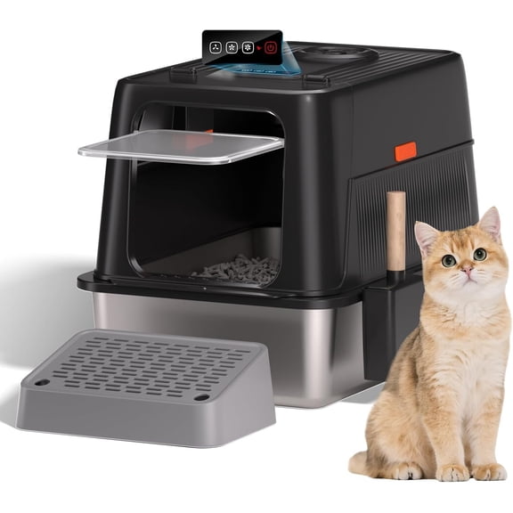 Breeze Litter Box System Stainless Steel Litter Box with Lid, 3-in-1 Design 160? Flip-Top Litter Box Enclosure, Air Extraction System Odor Contral, Dual Safety Sensor, Easy to Clean