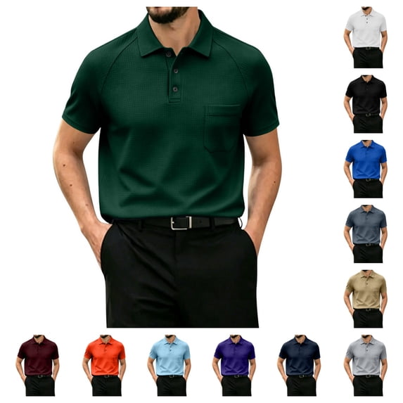 Breeze Polo Shirts Men Casual Short Sleeve Wear Collared Textured Shirt Summer Stretchy Quick Dry Golf Shirts with Pocket Dark Green 3XL