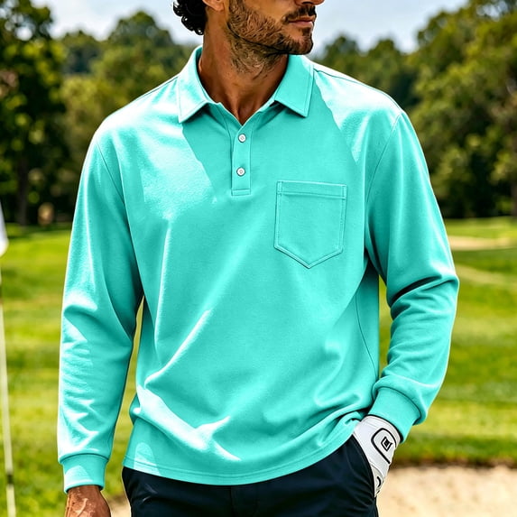 Breeze Polo Shirts for Men Long Sleeve Henley Button T Shirts Causal Loose Lightweight Breathable Tees, L