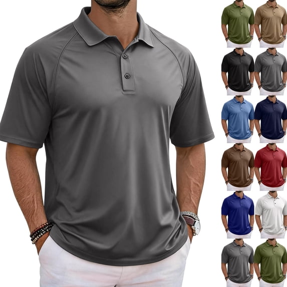 Breeze Raglan Collared Polo Shirts for Men Quick Dry Short Sleeve Athletic Tees, Lightweight Golf Work Outdoor Casual Tops,M,Dark Gray
