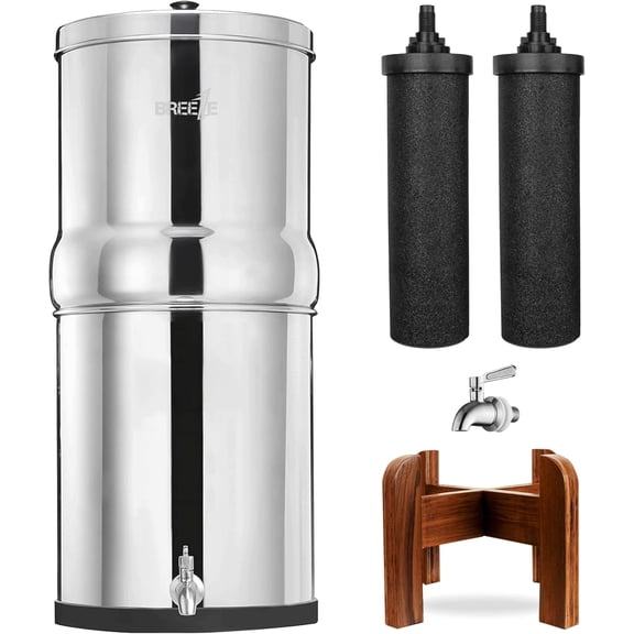 Breeze Stainless Steel Gravity Water Filter System 2.11 Gallon with 2 Black Filters & Wooden Stand Portable Countertop Water Filtration System for Home, Camping & Emergency Preparedness