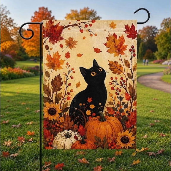 BreezeHaven Double-Sided Polyester Garden Flag - Black Cat, Sunflowers & Leaves, 12 x 18 in