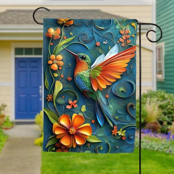 BreezeHaven Double-Sided Polyester Garden Flag - Colorful Hummingbird & Orange Blossoms, Quilled Paper Art Look, 12 x 18 in