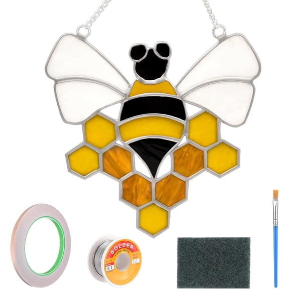 BreezeHug 1 Set Unfinished Bee Pre Cut Stained Glass for Adults DIY Stained Glass Craft Kit with Solder Wire, Brush, Copper Foil Tape for Adult Make Your Own Handcrafts for Spring Home Decor