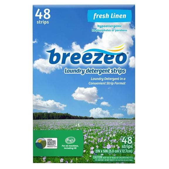 Breezeo Laundry Detergent Strips (48 strips) - Fresh Linen Scent - More Convenient than Pods, Pacs, Liquids or Powders Great for Home, Dorm, Travel, Camping & Hand-Washing