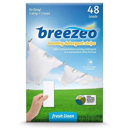 Breezeo Laundry Detergent Strips (48 strips) - Fresh Linen Scent - More Convenient than Pods, Pacs, Liquids or Powders – Great for Home, Dorm, Travel, Camping & Hand-Washing