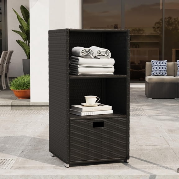 Breezestival Outdoor Pool Towel Rack Cabinet, Rattan Wicker Pool Storage Bins Storage Organizer, 2 Layer Shelf Hot Tub Spa Accessories, 47in, Black