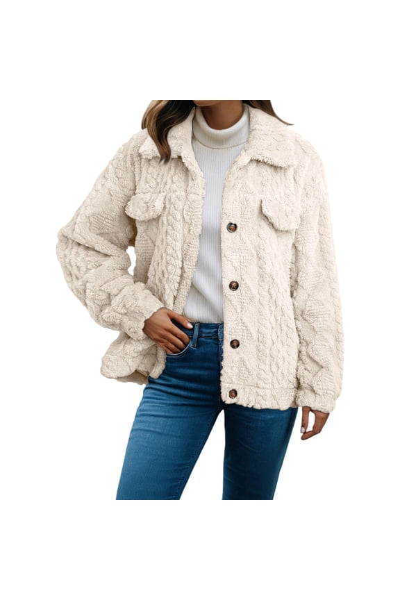 2025 Thermal Stand Collar Button Down Jacket Winter Warm Pockets Outerwear for Women L Size Beige