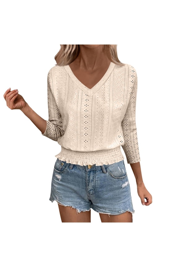 3/4 Length Sleeve Womens Tops 2025 Fall Eyelet V Neck T Shirts Fashion Crop Tops Casual Top XL Size Beige