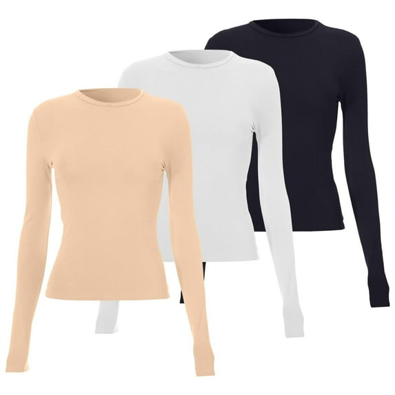 Breezora 3 Piece Women's Long Sleeve Layering Tee Set Slim Fit Round Neck Basic Crop Top Minimalist Street Style L Size