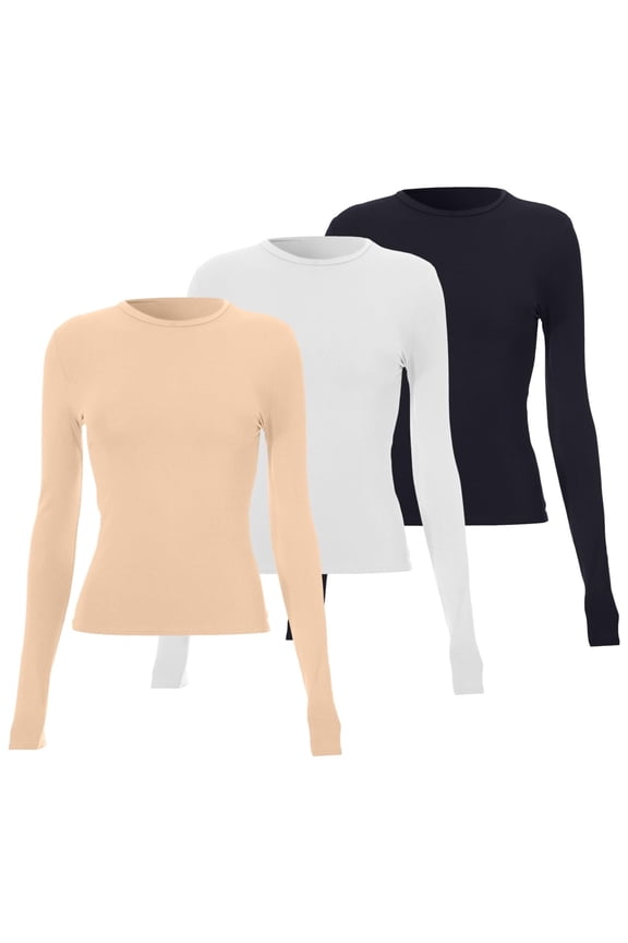 3 Piece Women's Long Sleeve Layering Tee Set Slim Fit Round Neck Basic Crop Top Minimalist Street Style L Size