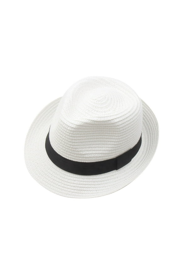 Adult Unisex Beach Straw Fisherman Hat Wide Brim Sunscreen Cap For Summer Vacation White
