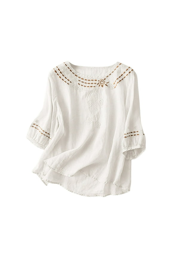 Artistic Embroidered Cotton Linen Blouse for Women Relaxed Fit Casual Button Down Unique Design Everyday Top L Size White