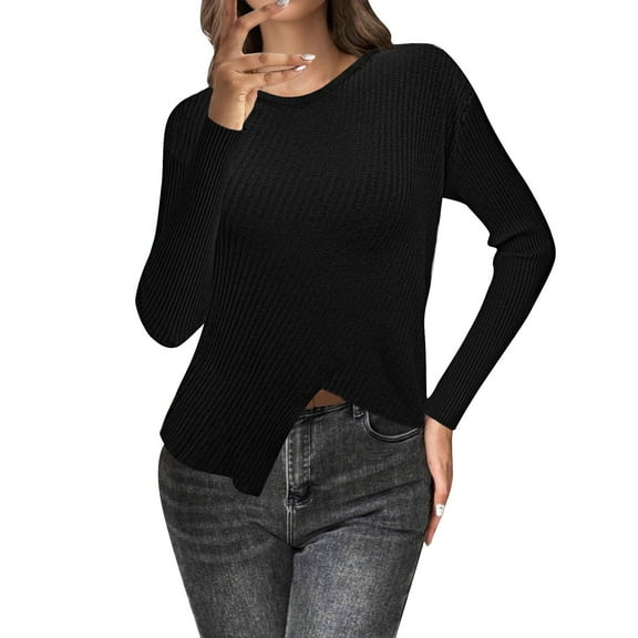 Breezora Asymmetric Hem Rib Knit Sweater Women Batwing Sleeve Fall Winter Chic Streetwear Essential M Size Black