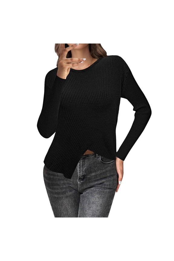 Asymmetric Hem Rib Knit Sweater Women Batwing Sleeve Fall Winter Chic Streetwear Essential M Size Black
