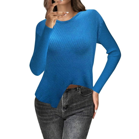 Breezora Asymmetric Hem Rib Knit Sweater Women Batwing Sleeve Fall Winter Chic Streetwear Essential M Size Blue