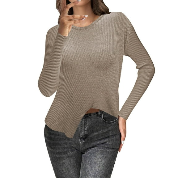 Breezora Asymmetric Hem Rib Knit Sweater Women Batwing Sleeve Fall Winter Chic Streetwear Essential M Size Khaki