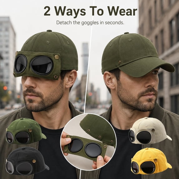 Breezora Baseball Cap with Integrated Goggles Pilot Goggles Baseball Cap Goggles Hat Attached Sunglasses Outdoor Travel Daily Wear Unisex Gift