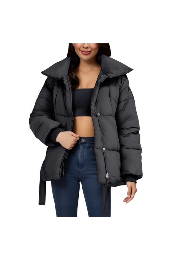 Belted Stand Collar Puffer Jacket for Women Fluffy Warm Winter Coat Casual Outerwear L Size Black