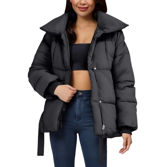 Breezora Belted Stand Collar Puffer Jacket for Women Fluffy Warm Winter Coat Casual Outerwear XL Size Black