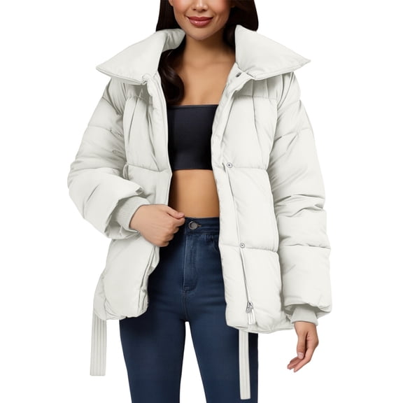 Breezora Belted Stand Collar Puffer Jacket for Women Fluffy Warm Winter Coat Casual Outerwear XL Size White