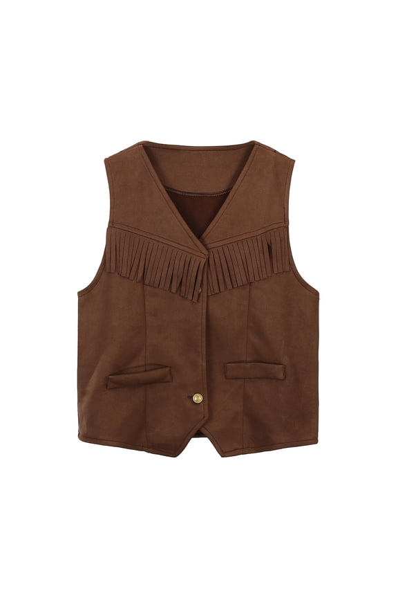 Boys Girls Retro Western Fringe Vest T Shirt for Toddler Kids Hippie Denim Look Outfit Top Costume 160 Size Coffee