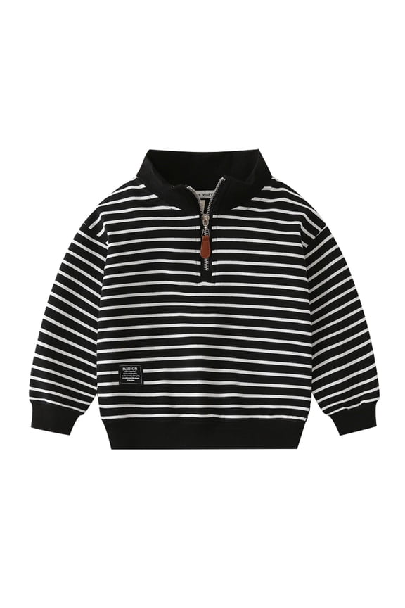 Boys Long Sleeve Sweatshirt Striped Stand Collar Zipper Front Casual Soft Top for Autumn School 90 Size Black