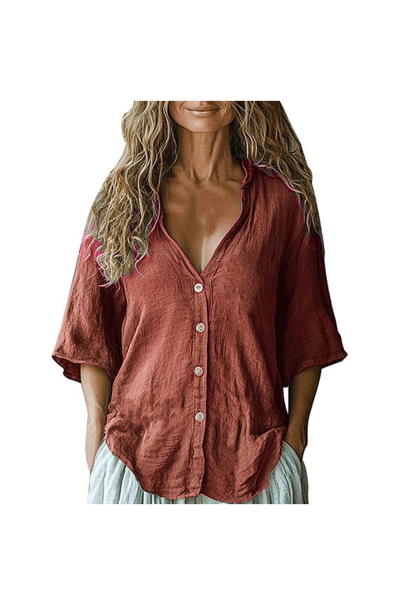 Breathable Linen Shirt for Women Relaxed Fit Button Down Short Sleeve Natural Fiber Wrinkle Resistant Comfortable Top M Size Coffee