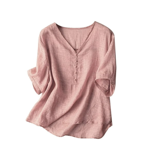 Breezora Breathable V Neck Cotton Linen Blouse Women's Loose Fit Summer Short Sleeve T Shirt XXXL Size Pink
