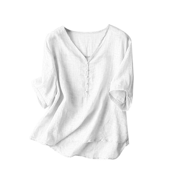 Breezora Breathable V Neck Cotton Linen Blouse Women's Loose Fit Summer Short Sleeve T Shirt XXXL Size White