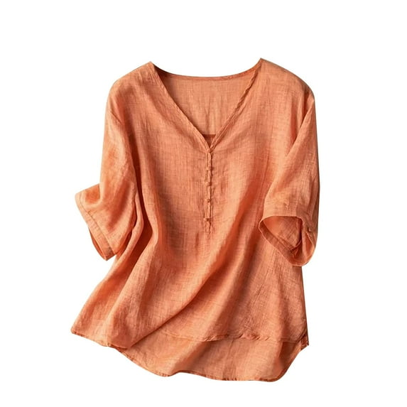Breezora Breathable V Neck Tee Women's Linen Blend Short Sleeve Top for Summer Comfort Wear XXXL Size Orange