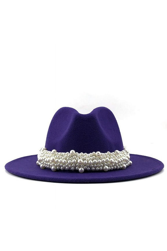 British Style Woolen Jazz Hat for Women Elegant Wide Brim Pearl Embellished Fedora Hat Classic Ladies Fashion Headwear Purple