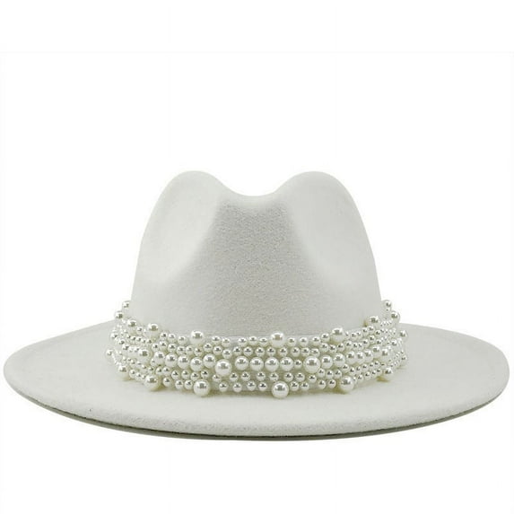 Breezora British Style Woolen Jazz Hat for Women Elegant Wide Brim Pearl Embellished Fedora Hat Classic Ladies Fashion Headwear White